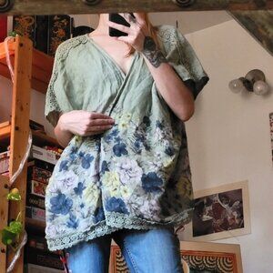 Francesca Bettini 100% linen sage floral print open vest one size NWT